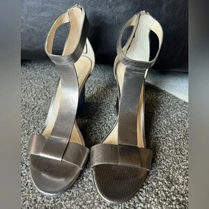 Jimmy Choo Gold/Bronze Metallic Leather T-Strap Milan Wedge Sandals - 39.5